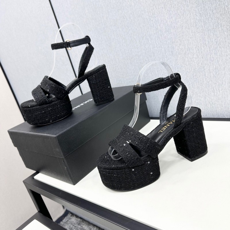 2025 Women Chanel Black Fabric Platform Sandals KFY00310