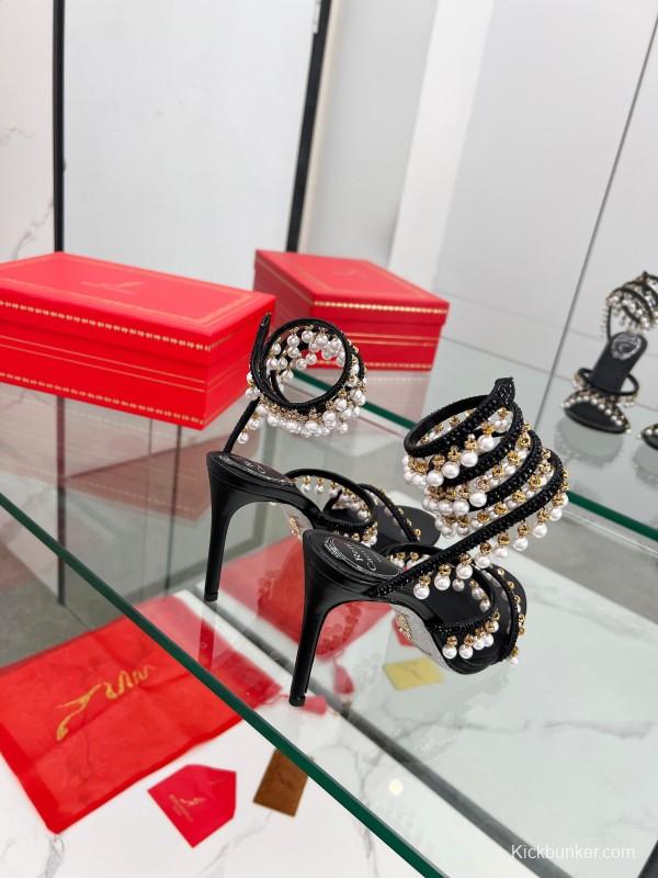 2025 Women RC Black Silk Crystal Pearl High Heel Sandals LY00360