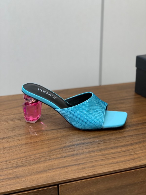 2025 Women VERSACE Blue Leather Slippers