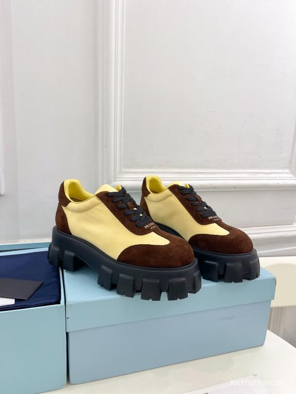 2025 Unisex Prada Yellow Brown Suede Silk Sneakers KFY00310(F)/KFY00330(M)
