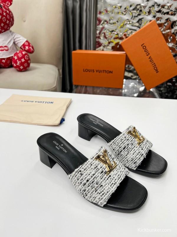 2025 Women Louis Vuitton Black White Tweed Heels LY00220