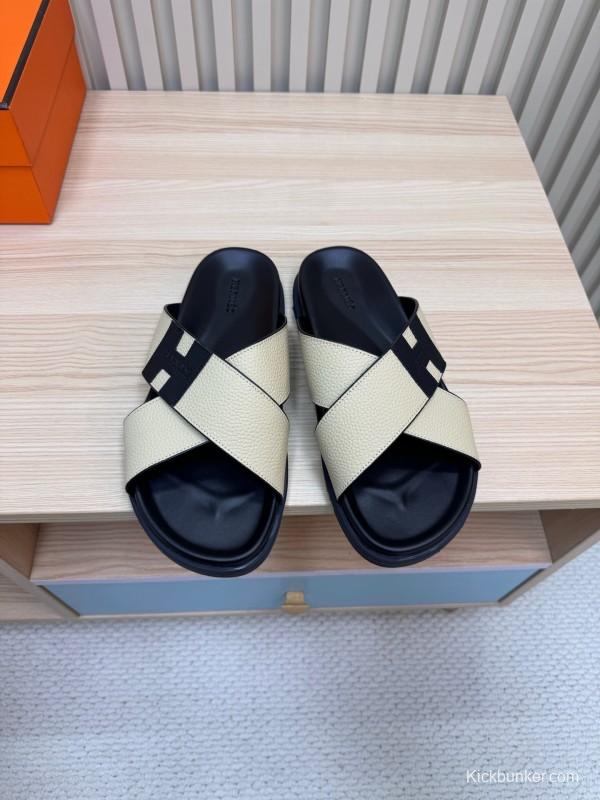 2025 Slippers Hermès Black Ivory Leather Cross Strap