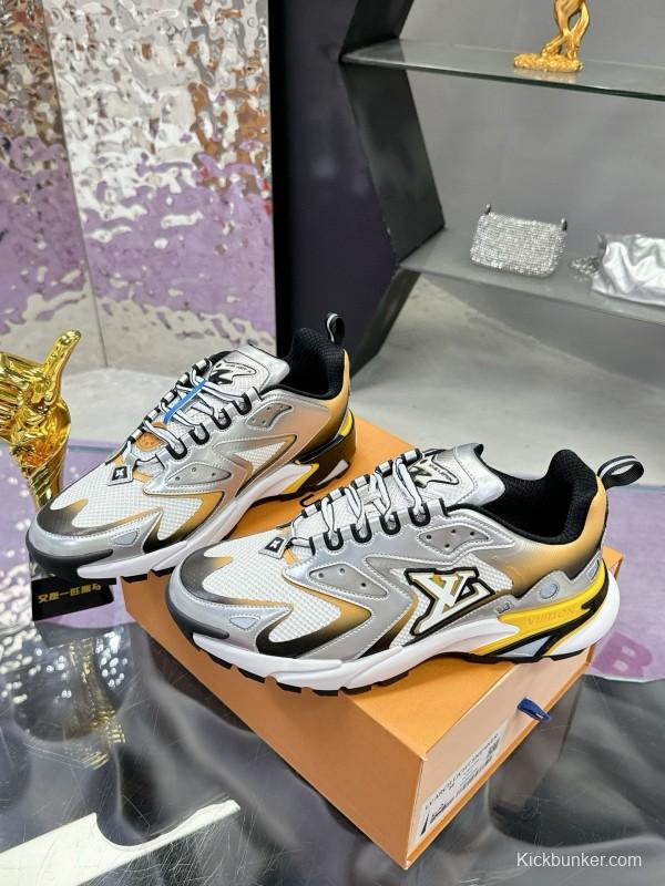 2025 Men Louis Vuitton Gradient Yellow White Leather Mesh Sneakers MJ00420
