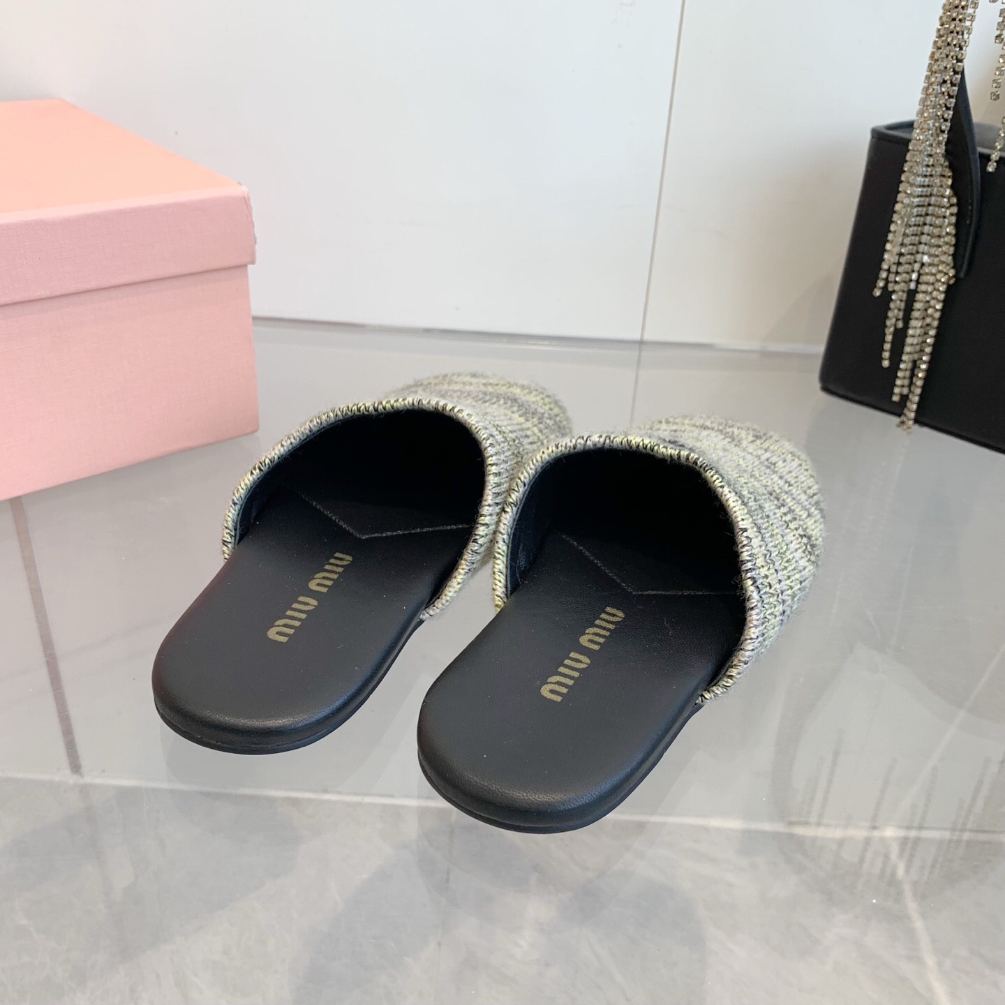 2025 Miu Miu Grey Black Fabric Slippers