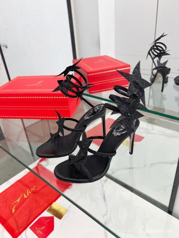 2025 Women RC Black Leather High Heel Sandal Star Detail LY00340