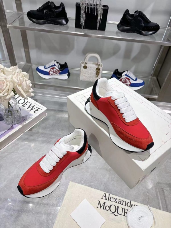 2025 Women Alexander McQueen Red Black Leather Suede Sneakers LY00340
