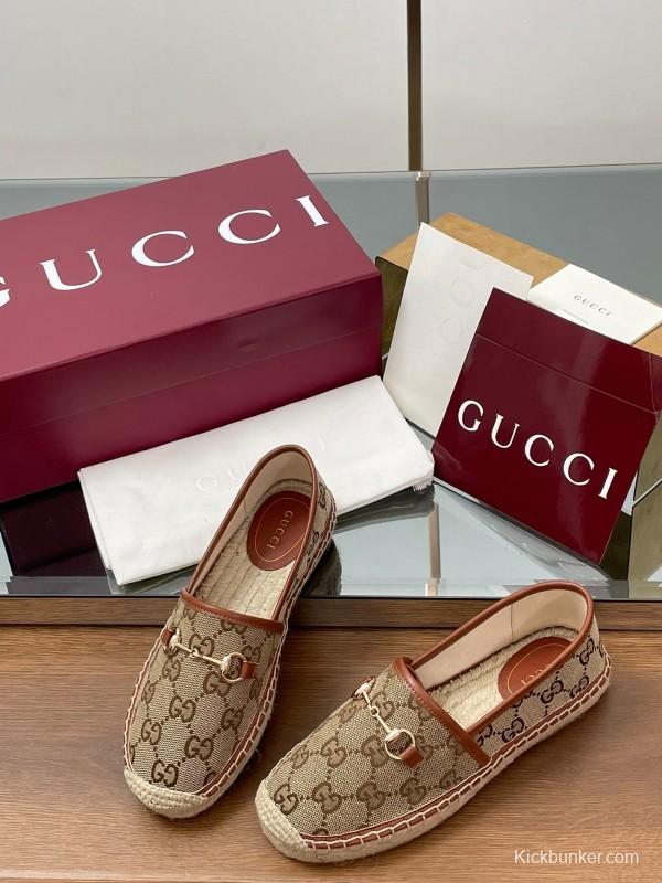 2025 Women Gucci Brown Canvas Leather Loafers Horsebit LY00200