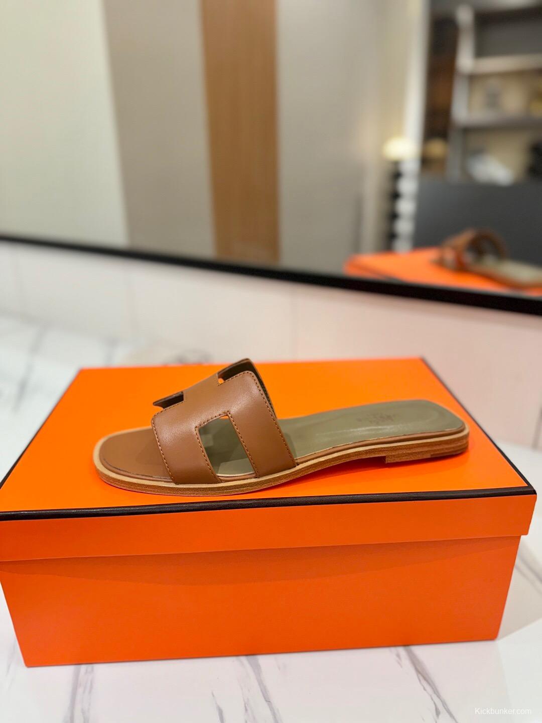 2025 Women Hermès Brown Leather Slippers