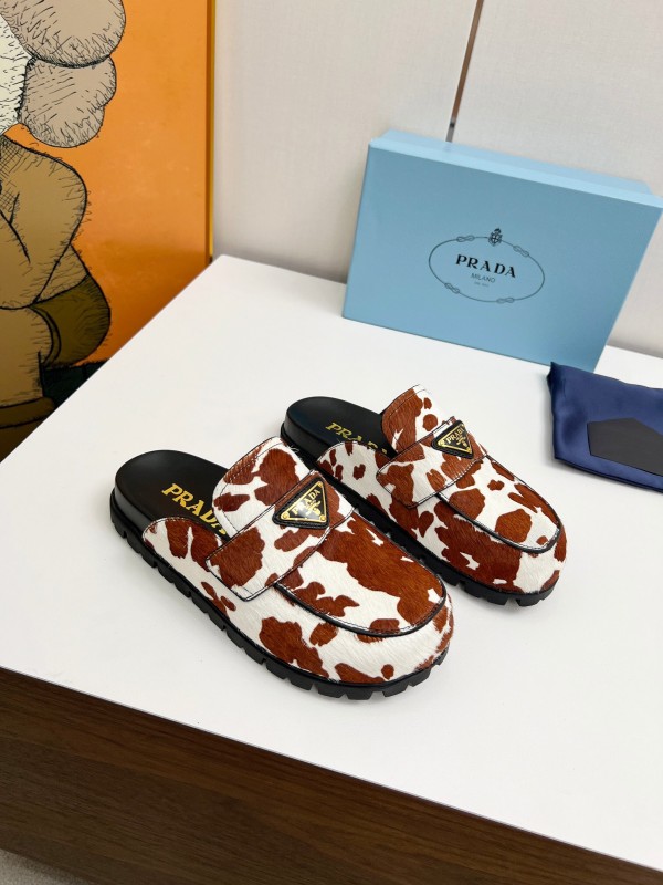 2025 Women Prada Brown White Cowhair Leather Slippers LY00270