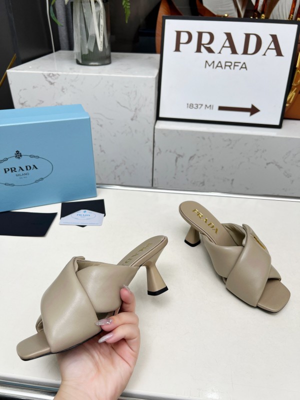 2025 Women Prada Beige Leather Mule Triangle Logo LY00270