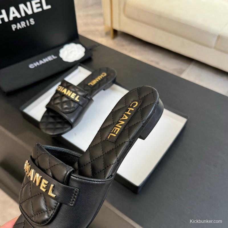 2025 Slippers Women Chanel Black Leather Slippers