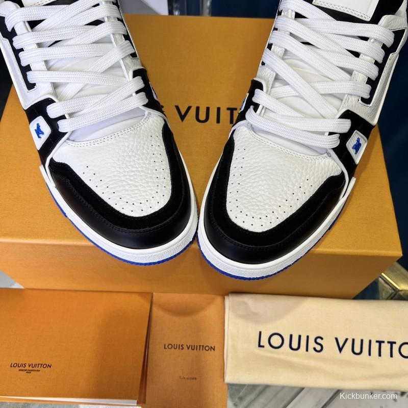 2025 Unisex Louis Vuitton Black White Blue Leather Plimsolls Stitching LV Trainer