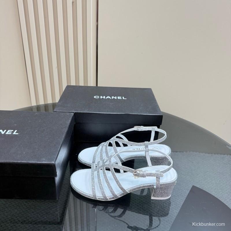2025 Women Chanel Silver Leather Sandals