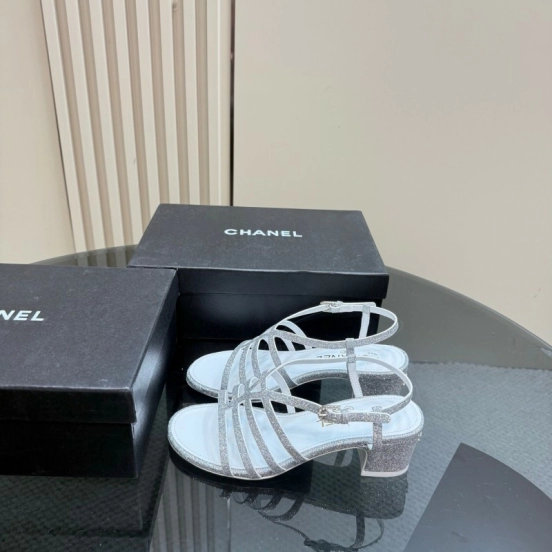 2025 Women Chanel Silver Leather Sandals