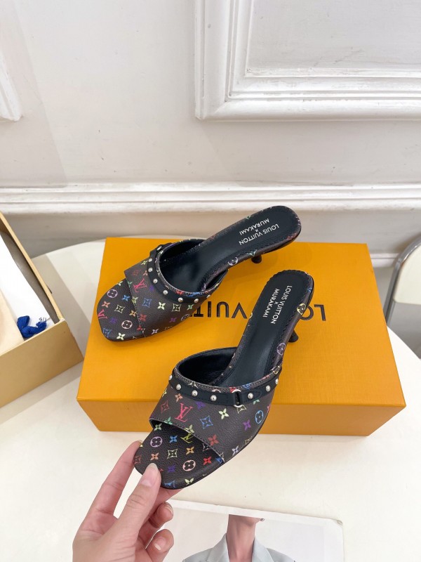 2025 Women Louis Vuitton Black Rainbow Leather Slippers KFY00290
