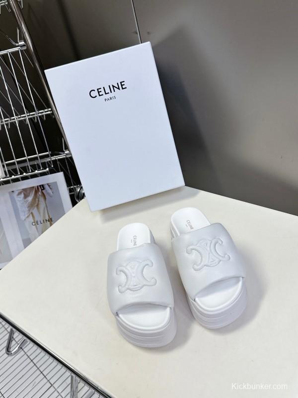 2025 Women Celine White Leather Slippers LY00240