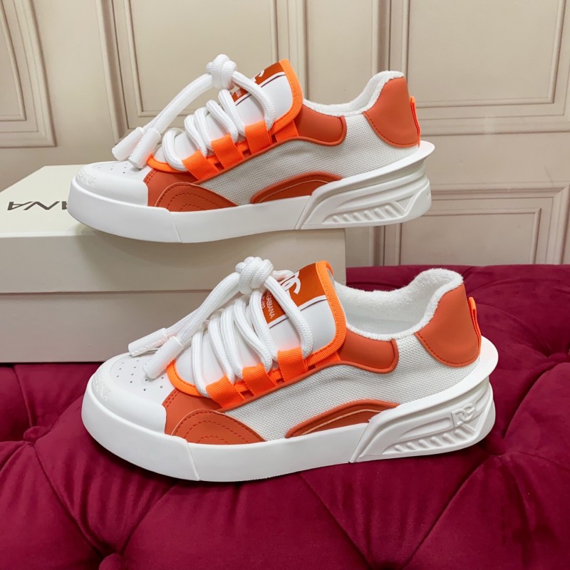 2025 Unisex Dolce & Gabbana Orange White Mesh Leather Sneakers