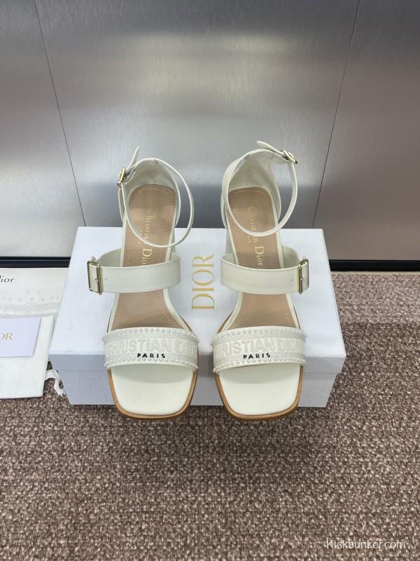 2025 Women Dior White Calfskin Silk Embroidery Sandals KFY00320