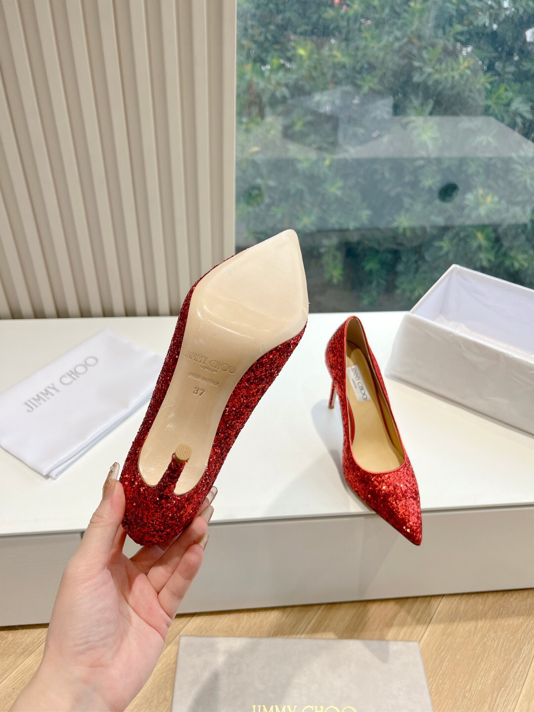 2025 Women Jimmy Choo Red Glitter Leather Pumps