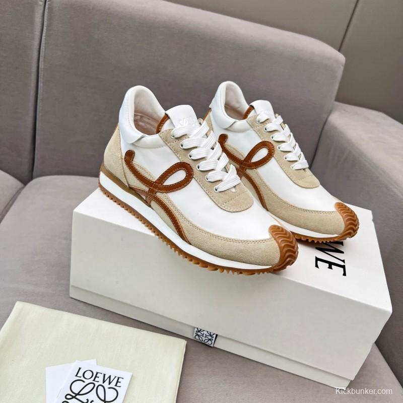 2025 Unisex Loewe White Beige Brown Leather Fabric Sneakers LY00270