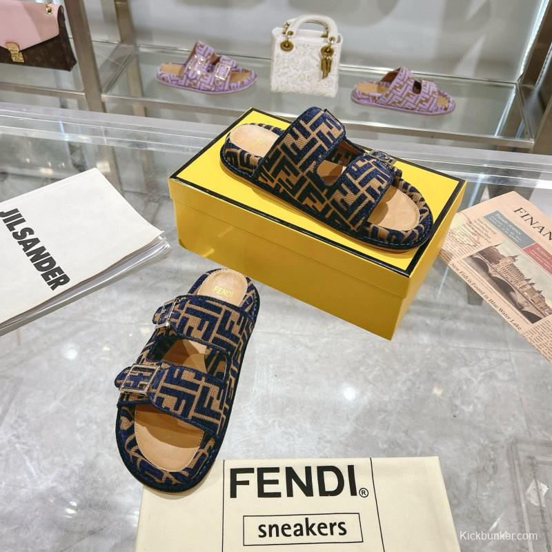 2025 Slippers Fendi Blue Brown Jacquard FF Pattern MJ00230