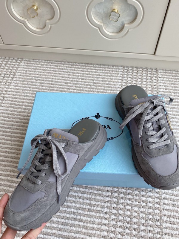 2025 Women Prada Grey Suede Nylon Sneakers LY00290
