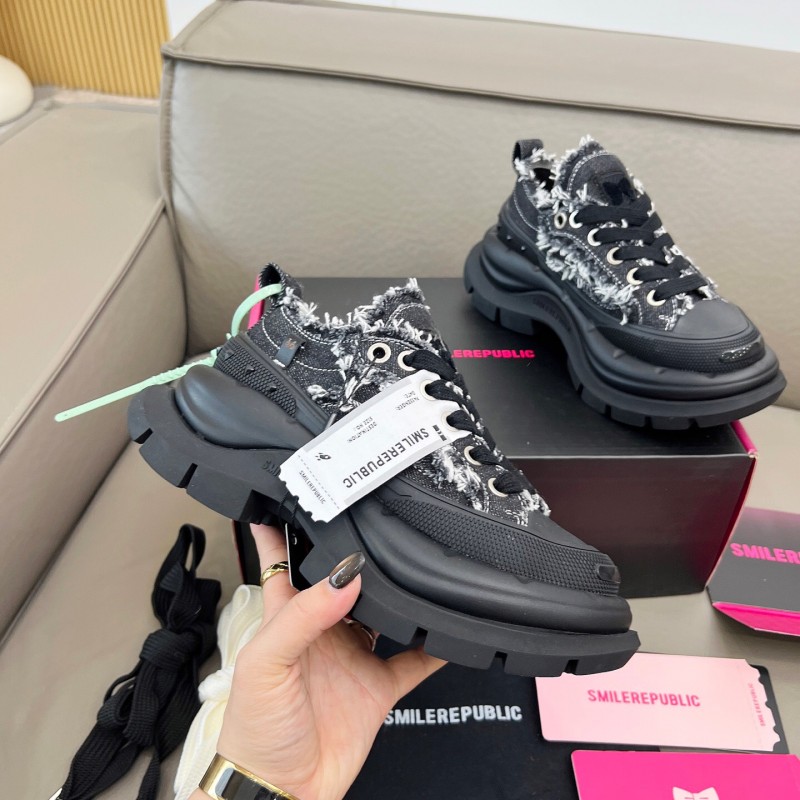 2025 Women SmileRepublic Black Tweed Leather Canvas Chunky Sneakers LY00291