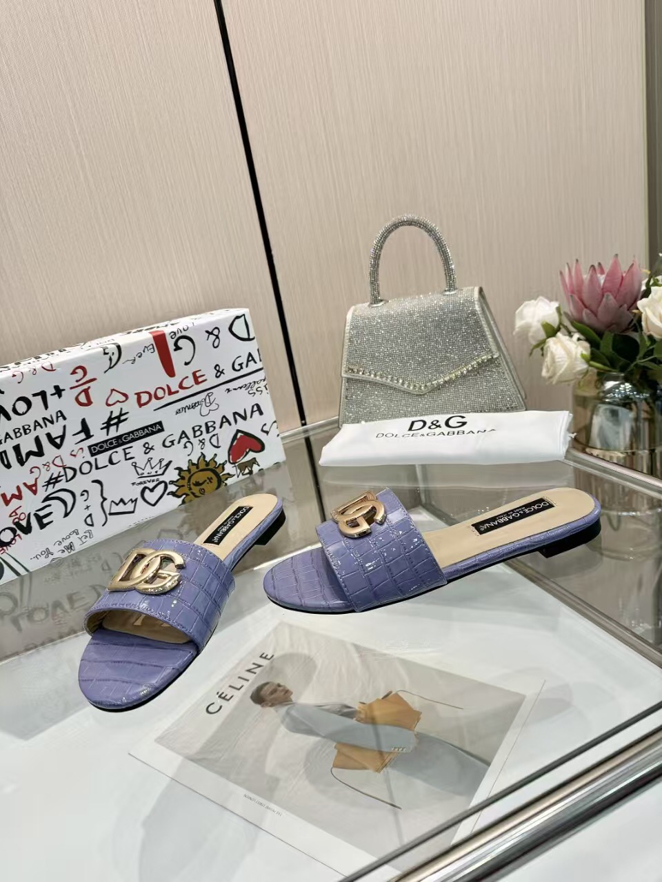 2025 Women Dolce & Gabbana Purple Leather Slippers LY00190