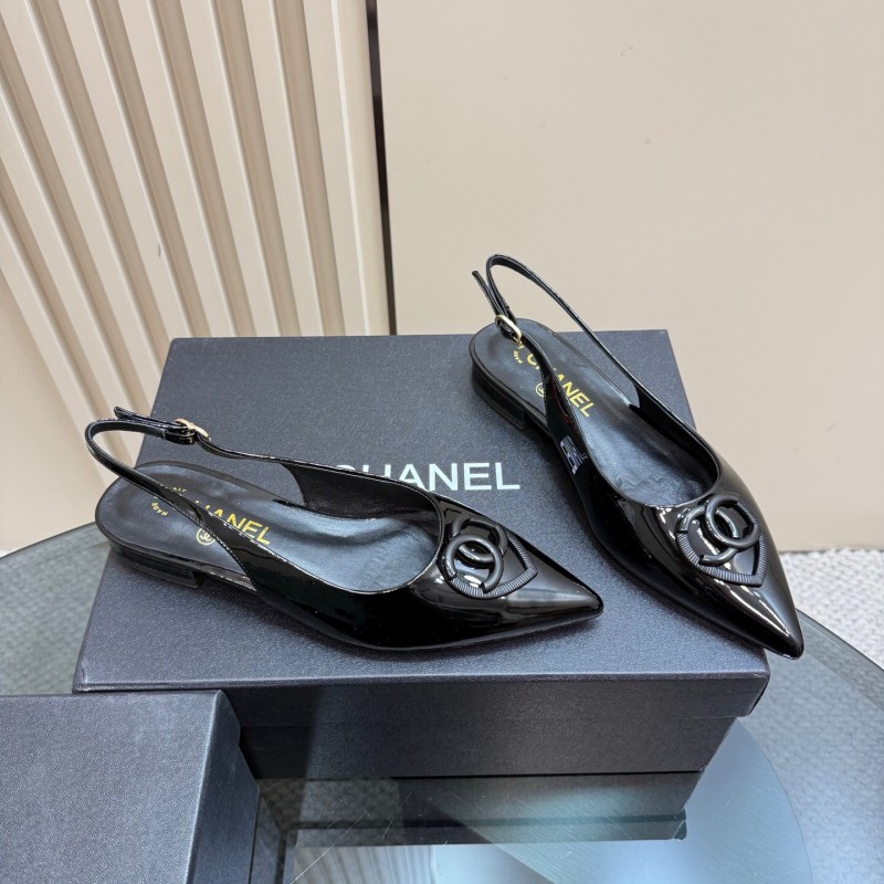 2025 Women Chanel Black Satin Leather Slingback Flats KFY00290