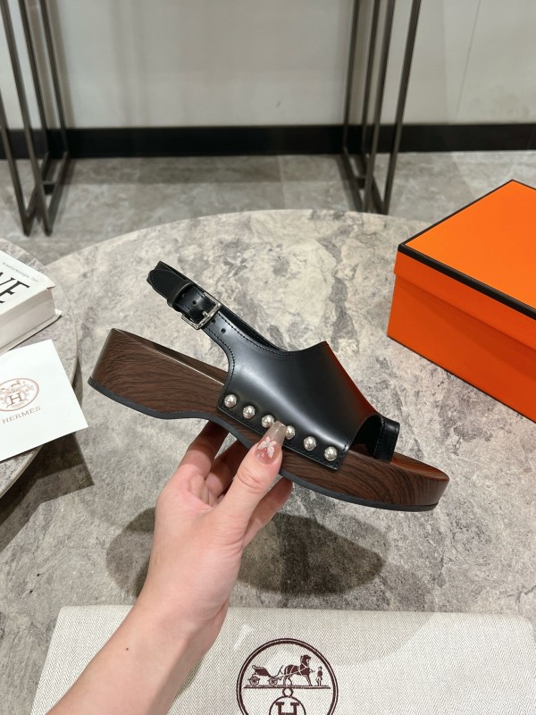 2025 Women Hermès Black Leather Sandals