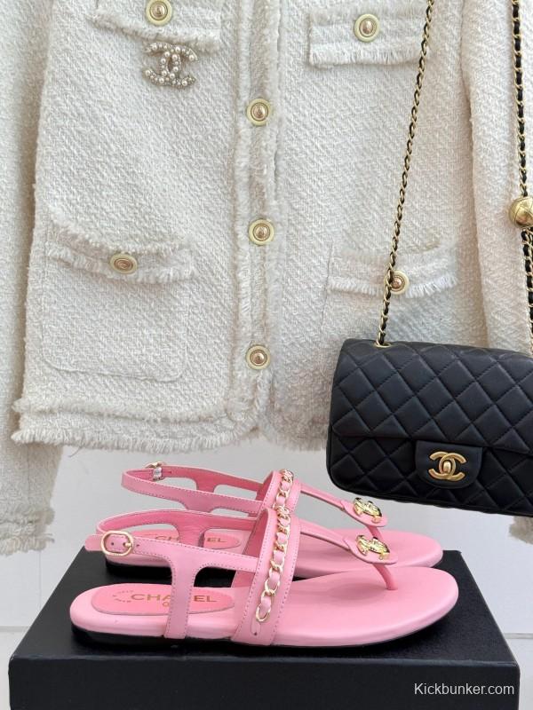 2025 Women Chanel Pink Lambskin Sandals CC Logo KFY00250