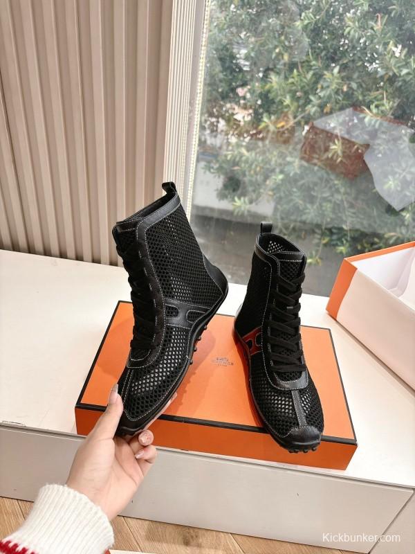 2025 Women Hermès Black Mesh Leather Boots