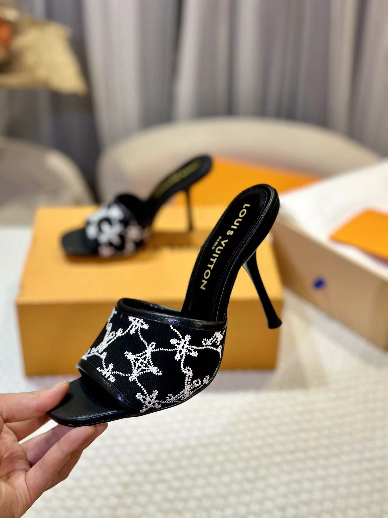 2025 Women Louis Vuitton Black White Embroidered Leather High Heel LY00250