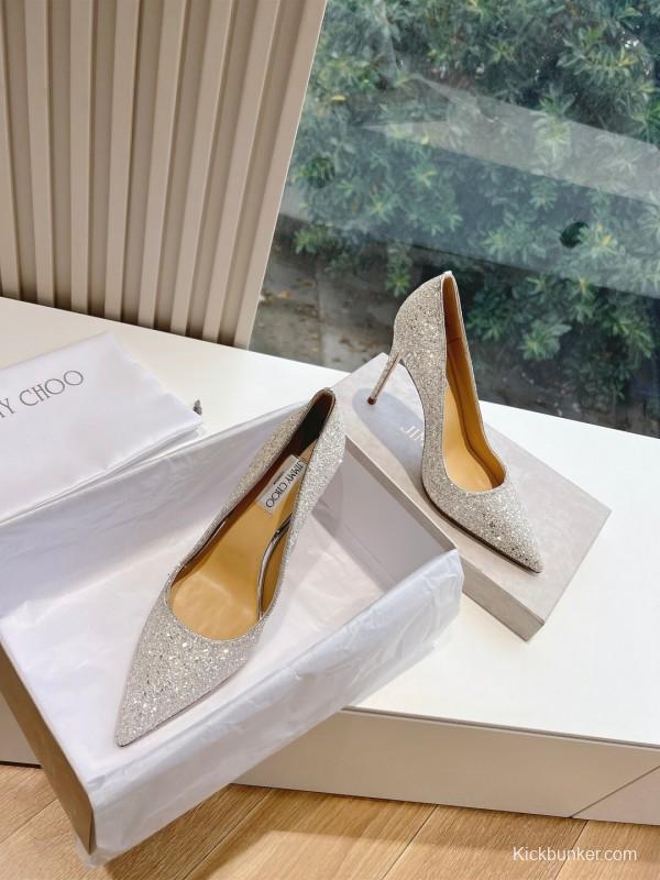 2025 Women Jimmy Choo Silver Glitter Leather Pointed Toe Pumps KFY00280