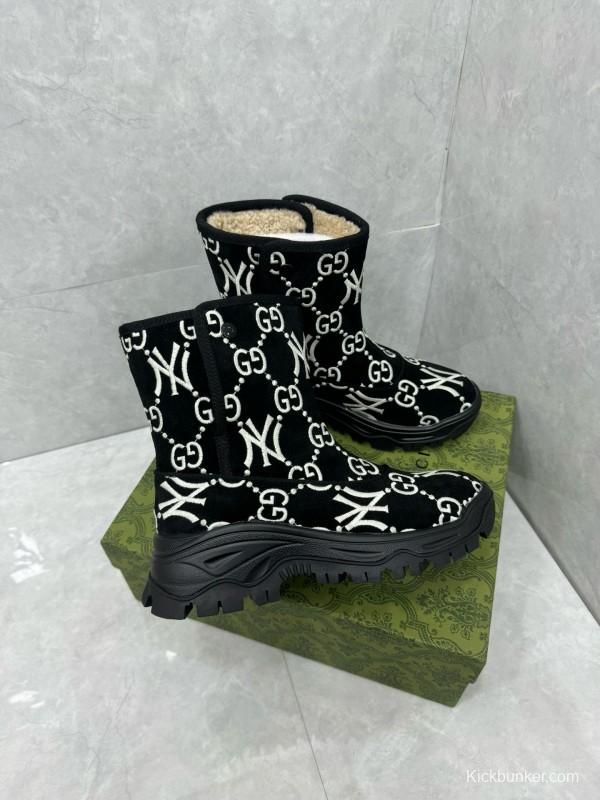 2024 Women Gucci Black White Suede Snow Boots GG NY Embroidery MJ00370