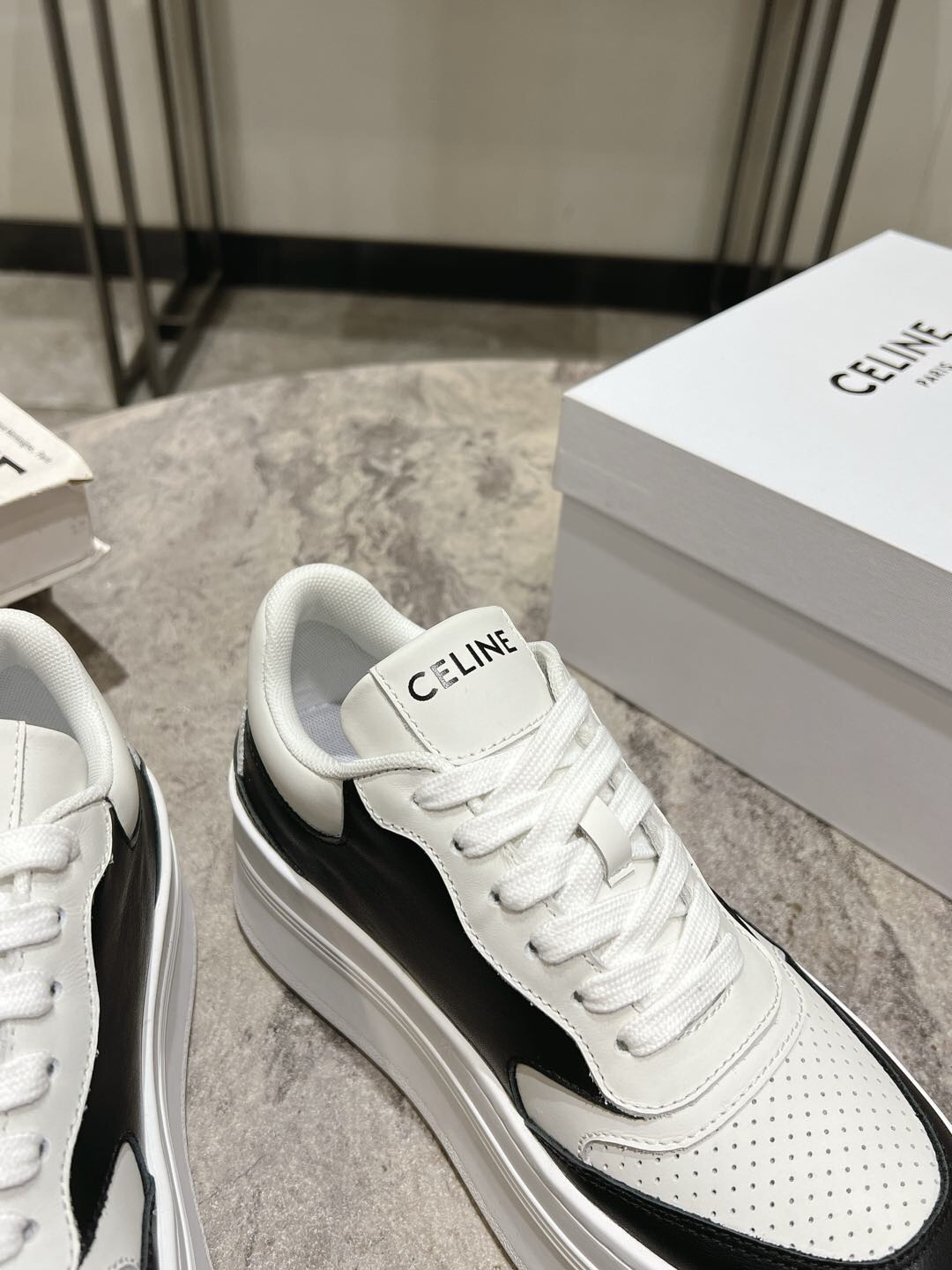 2025 Women Celine Black White Leather Platform Sneakers KFY00330