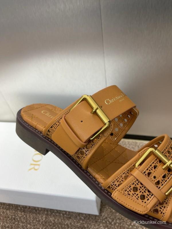 2025 Women Dior Brown Leather Slip-on Sandals
