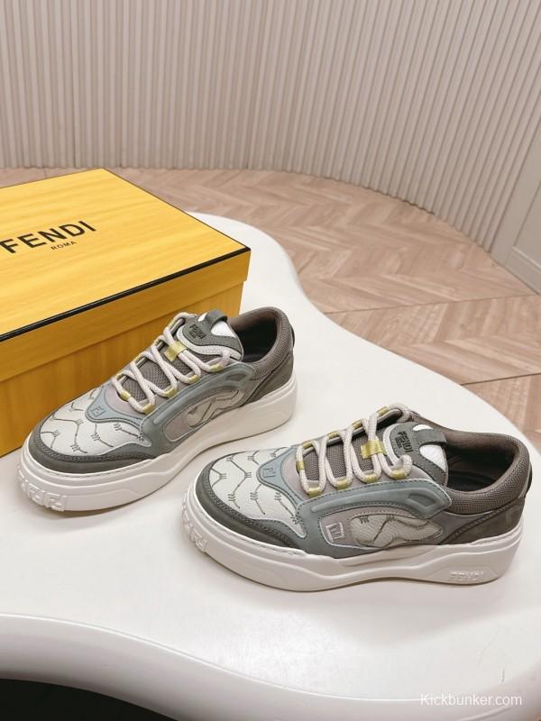 2025 Unisex Fendi Grey White Fabric Leather Plimsolls Mark Line
