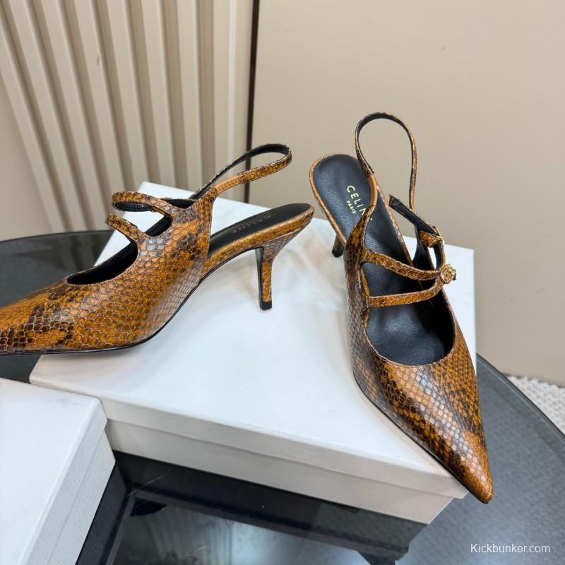 2025 Women Celine Brown Snake Leather Pointed Toe Slingback Heels
