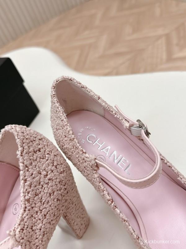 2025 Women Chanel Pink Black Wool Platform Mary Jane KFY00330