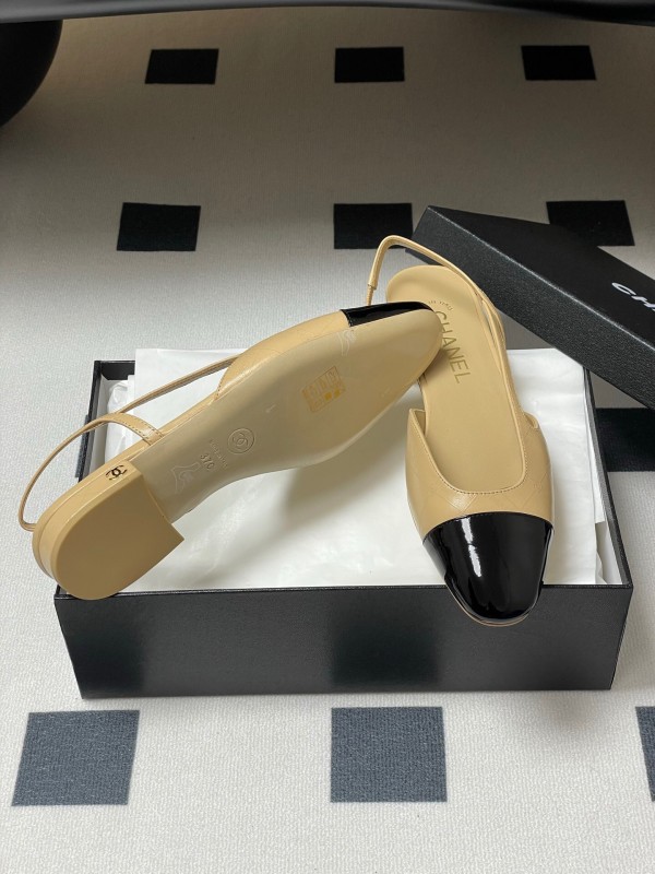 2025 Women Chanel Beige Black Leather Sling-back Flat Heel