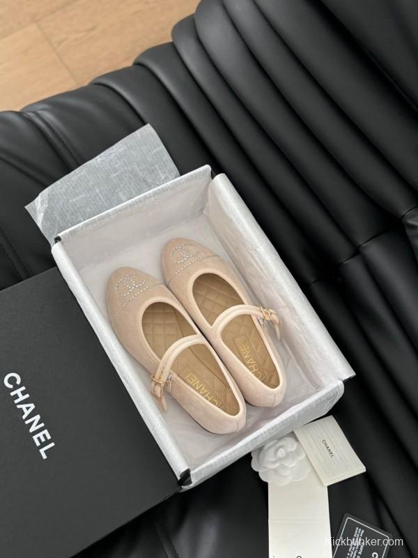 2025 Women Chanel Beige Fabric Mary Jane Embroidery LY00280