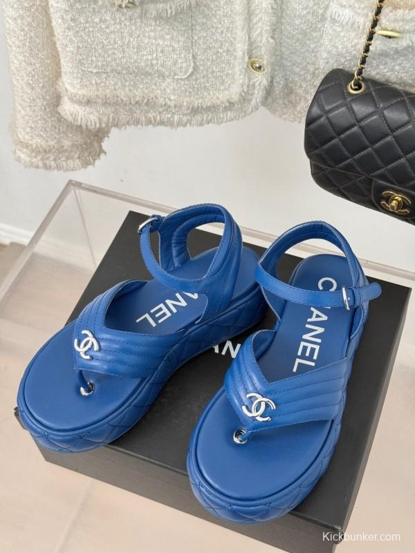 2025 Women Chanel Blue Leather Platform Sandals