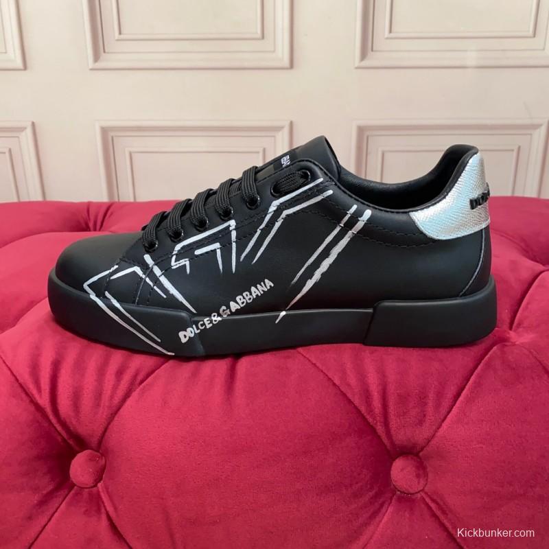 2025 Men Dolce & Gabbana Black Silver Leather Sneakers