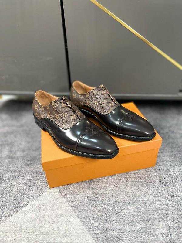 2024 Men Louis Vuitton Brown Black Leather Canvas Oxford MJ00380