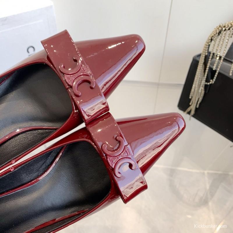 2025 Women Celine Burgundy Patent Leather Pointed Toe Pumps