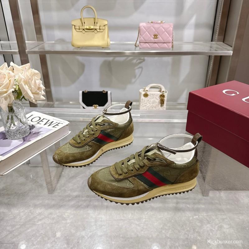 2025 Women Gucci Khaki Green Red Suede Mesh Sneakers LY00340