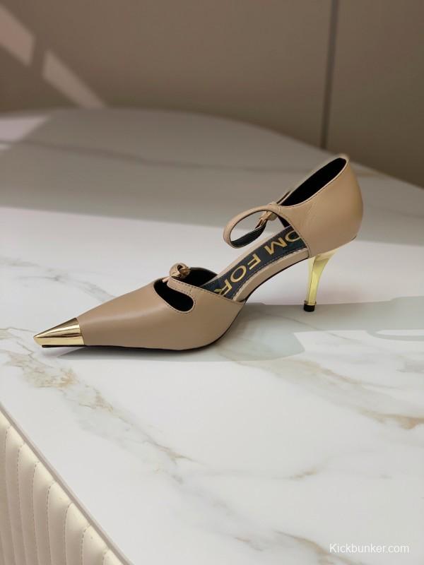 2025 Women TOM FORD Beige Leather Pointed Toe Metal Tip Pumps KFY00320