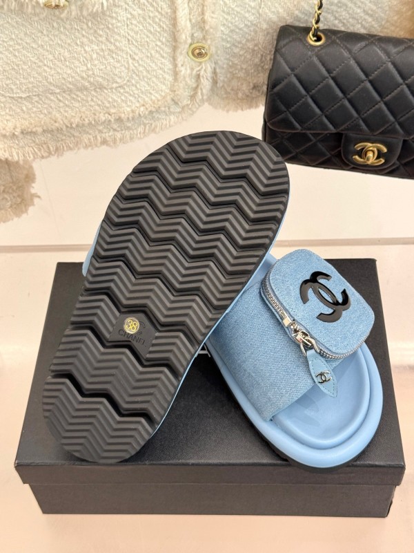 2025 Slippers Chanel Light Blue Denim Slippers KFY00220