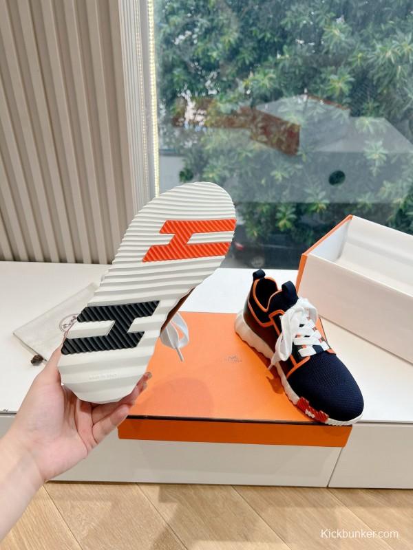 2024 Unisex Hermès navy orange knit leather sneakers